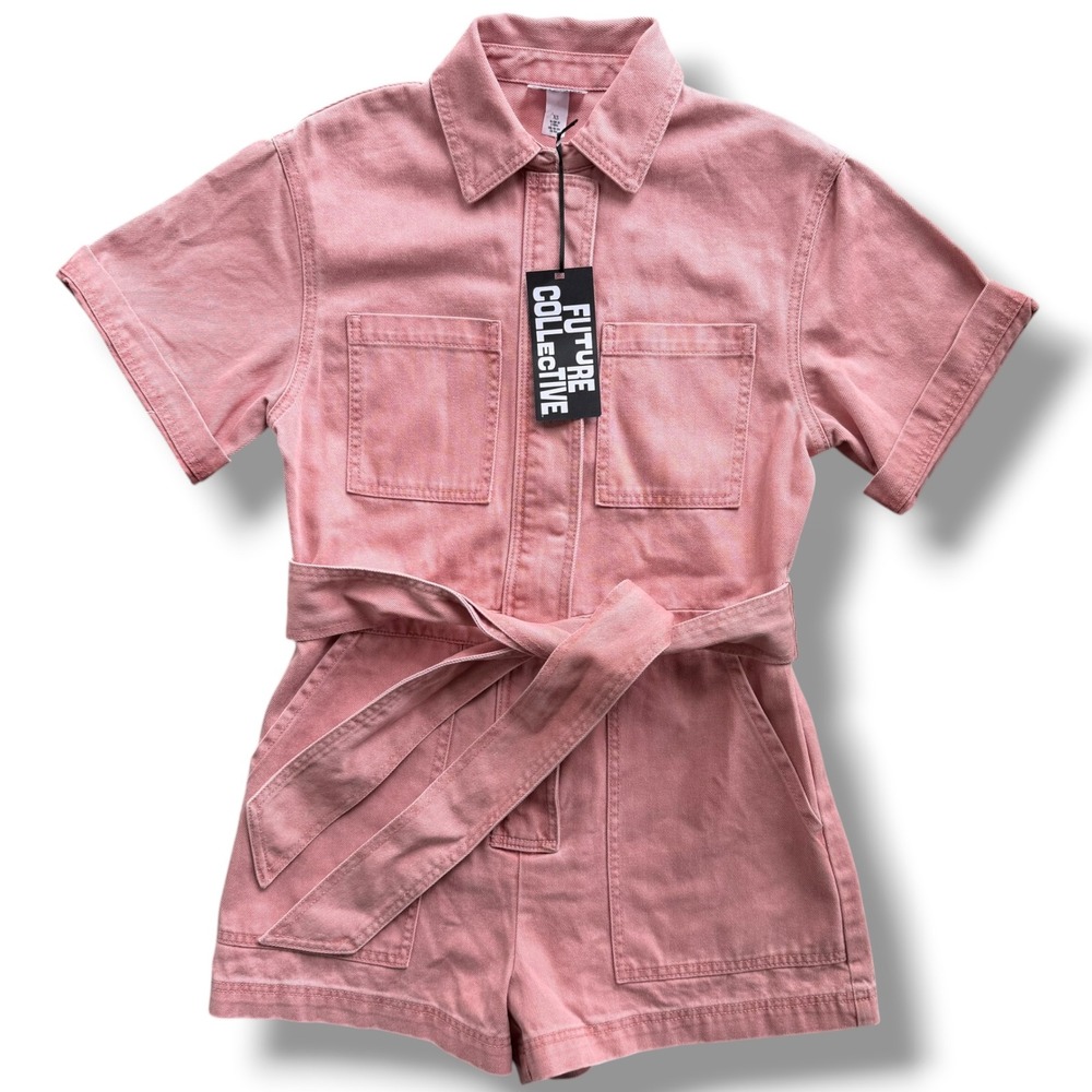 Future Collective XS Pink Denim Short Sleeve Belt Utility Romper NWT! Barbiecore